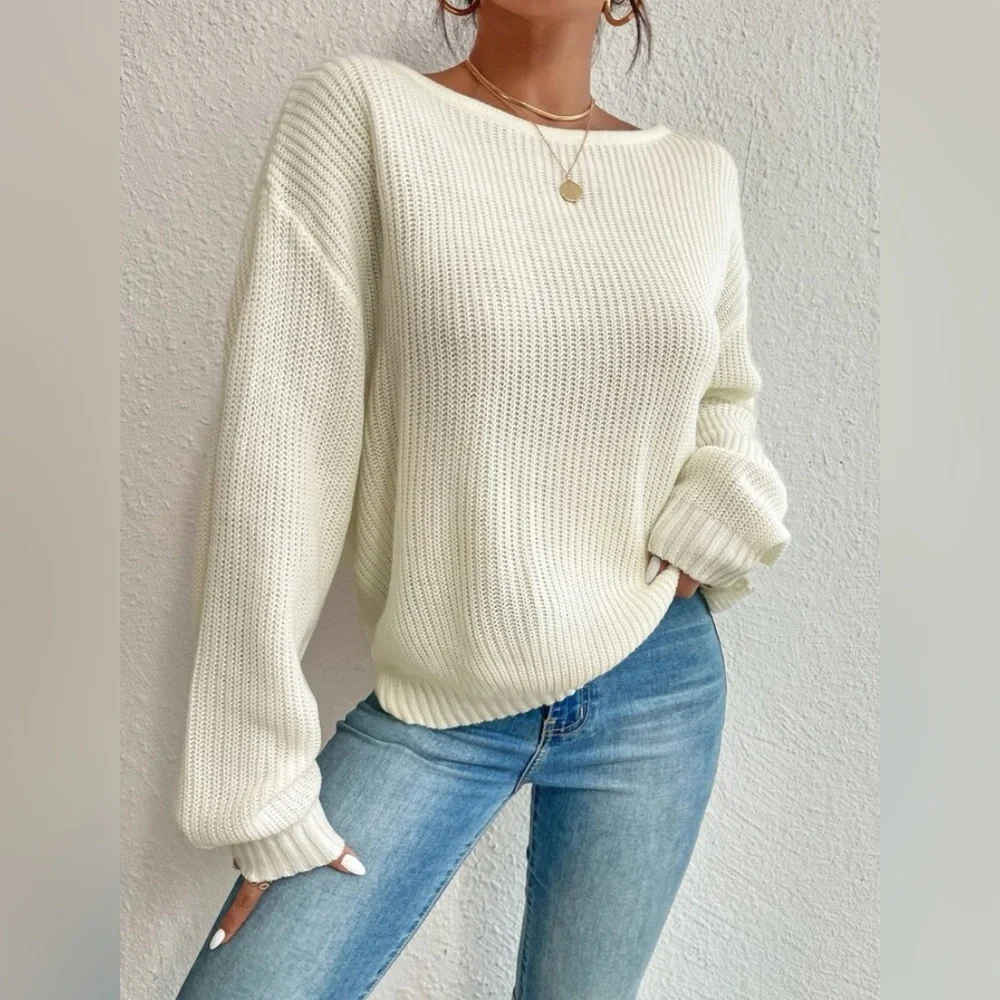 Casual Pearls, Twist, Backless, Beaded Drop Shoulder Sweater - Picture 5 of 6